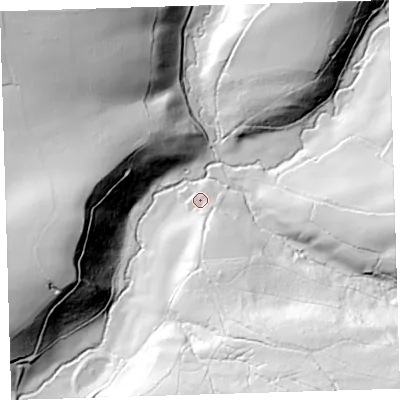 Shaded relief map of the ground around EX387HD, computed from Environment Agency LiDAR. The ground here sits at about 54 m above sea level and falls 67 m across the surrounding 800 m. Surface water reaching this point runs off ground lying to the south-south-east, 20.3 m higher.
