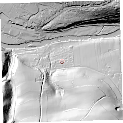 Shaded relief map of the ground around EX388AS, computed from Environment Agency LiDAR. The ground here sits at about 26 m above sea level and falls 94 m across the surrounding 800 m. Surface water reaching this point runs off ground lying to the south-east, 54.1 m higher.