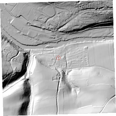 Shaded relief map of the ground around EX388AT, computed from Environment Agency LiDAR. The ground here sits at about 23 m above sea level and falls 91 m across the surrounding 800 m. Surface water reaching this point runs off ground lying to the south, 60.9 m higher.