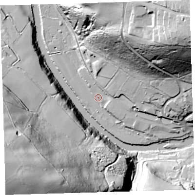 Shaded relief map of the ground around EX388AU, computed from Environment Agency LiDAR. The ground here sits at about 16 m above sea level and falls 104 m across the surrounding 800 m. Surface water reaching this point runs off ground lying to the north-east, 49.8 m higher.