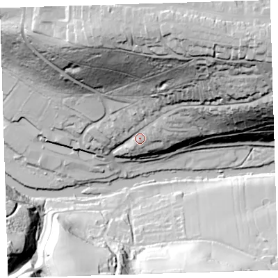 Shaded relief map of the ground around EX388AW, computed from Environment Agency LiDAR. The ground here sits at about 35 m above sea level and falls 98 m across the surrounding 800 m. Surface water reaching this point runs off ground lying to the north-north-east, 75.5 m higher.