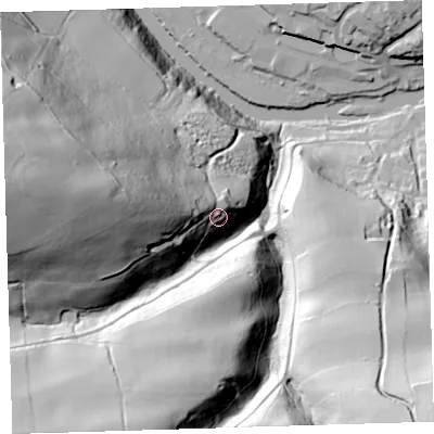 Shaded relief map of the ground around EX388JB, computed from Environment Agency LiDAR. The ground here sits at about 58 m above sea level and falls 102 m across the surrounding 800 m. Surface water reaching this point runs off ground lying to the west, 37.8 m higher.