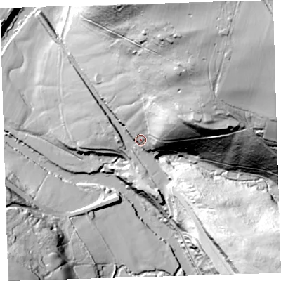 Shaded relief map of the ground around EX388JD, computed from Environment Agency LiDAR. The ground here sits at about 29 m above sea level and falls 82 m across the surrounding 800 m. Surface water reaching this point runs off ground lying to the north-east, 55.7 m higher.