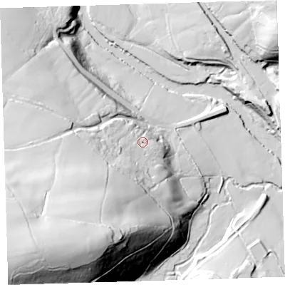 Shaded relief map of the ground around EX388JE, computed from Environment Agency LiDAR. The ground here sits at about 37 m above sea level and falls 103 m across the surrounding 800 m. Surface water reaching this point runs off ground lying to the south-west, 72.7 m higher.