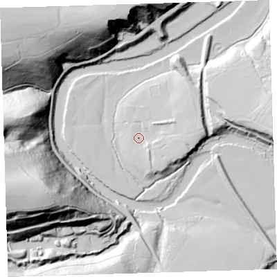 Shaded relief map of the ground around EX388JF, computed from Environment Agency LiDAR. The ground here sits at about 14 m above sea level and falls 83 m across the surrounding 800 m. Surface water reaching this point runs off ground lying to the east, 9.3 m higher.