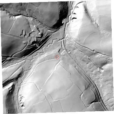 Shaded relief map of the ground around EX388PA, computed from Environment Agency LiDAR. The ground here sits at about 58 m above sea level and falls 67 m across the surrounding 800 m. Surface water reaching this point runs off ground lying to the south, 51.6 m higher.