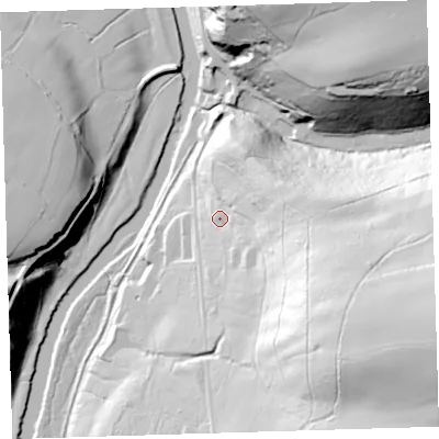 Shaded relief map of the ground around EX388PH, computed from Environment Agency LiDAR. The ground here sits at about 33 m above sea level and falls 86 m across the surrounding 800 m. Surface water reaching this point runs off ground lying to the east-south-east, 56.0 m higher.