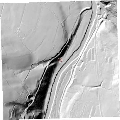 Shaded relief map of the ground around EX388PJ, computed from Environment Agency LiDAR. The ground here sits at about 20 m above sea level and falls 109 m across the surrounding 800 m. Surface water reaching this point runs off ground lying to the west-north-west, 38.5 m higher.