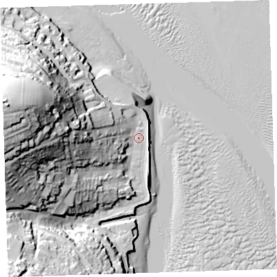Shaded relief map of the ground around EX391FR, computed from Environment Agency LiDAR. The ground here sits at about 6 m above sea level and falls 61 m across the surrounding 800 m. Surface water reaching this point runs off ground lying to the west-north-west, 52.8 m higher.