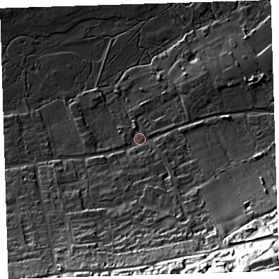Shaded relief map of the ground around EX391HD, computed from Environment Agency LiDAR. The ground here sits at about 8 m above sea level and falls 54 m across the surrounding 800 m. Surface water reaching this point runs off ground lying to the south-east, 50.3 m higher.