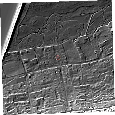 Shaded relief map of the ground around EX391HG, computed from Environment Agency LiDAR. The ground here sits at about 7 m above sea level and falls 35 m across the surrounding 800 m. Surface water reaching this point runs off ground lying to the south-south-east, 25.1 m higher.