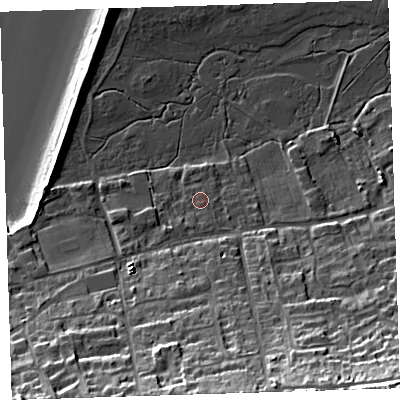 Shaded relief map of the ground around EX391HJ, computed from Environment Agency LiDAR. The ground here sits at about 6 m above sea level and falls 32 m across the surrounding 800 m. Surface water reaching this point runs off ground lying to the south-south-east, 20.1 m higher.