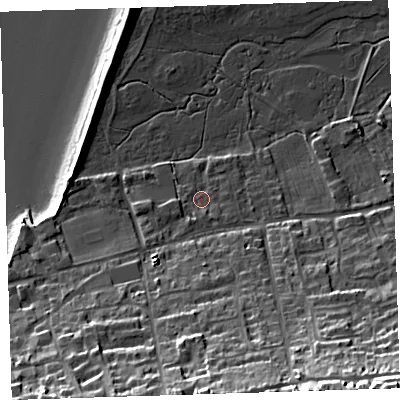 Shaded relief map of the ground around EX391HL, computed from Environment Agency LiDAR. The ground here sits at about 6 m above sea level and falls 35 m across the surrounding 800 m. Surface water reaching this point runs off ground lying to the south, 21.6 m higher.