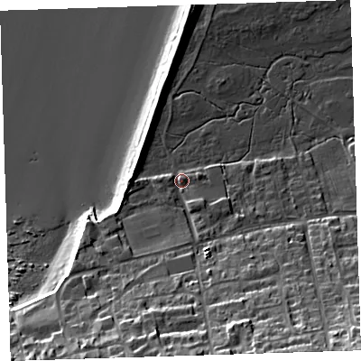 Shaded relief map of the ground around EX391HN, computed from Environment Agency LiDAR. The ground here sits at about 6 m above sea level and falls 27 m across the surrounding 800 m. Surface water reaching this point runs off ground lying to the south, 11.2 m higher.