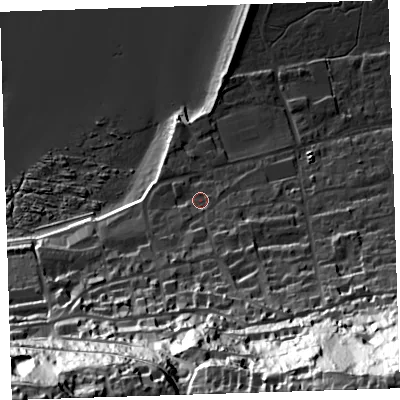 Shaded relief map of the ground around EX391LH, computed from Environment Agency LiDAR. The ground here sits at about 10 m above sea level and falls 98 m across the surrounding 800 m. Surface water reaching this point runs off ground lying to the south-south-east, 63.4 m higher.
