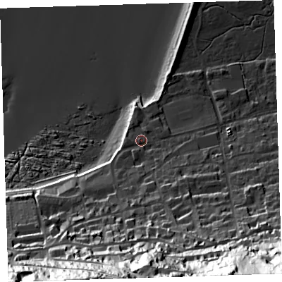 Shaded relief map of the ground around EX391LJ, computed from Environment Agency LiDAR. The ground here sits at about 9 m above sea level and falls 78 m across the surrounding 800 m. Surface water reaching this point runs off ground lying to the south-south-east, 56.3 m higher.