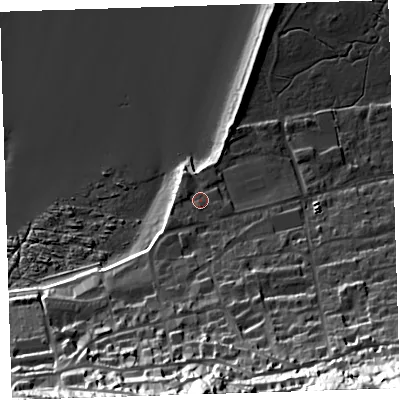 Shaded relief map of the ground around EX391LL, computed from Environment Agency LiDAR. The ground here sits at about 8 m above sea level and falls 61 m across the surrounding 800 m. Surface water reaching this point runs off ground lying to the south, 46.4 m higher.