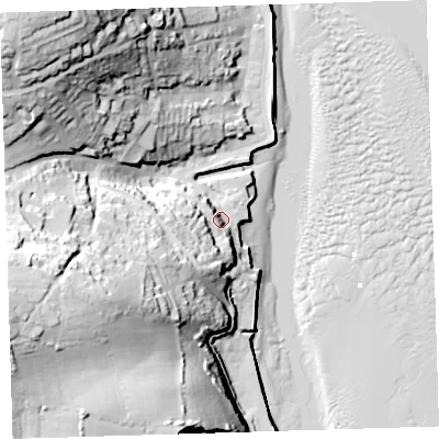 Shaded relief map of the ground around EX391LU, computed from Environment Agency LiDAR. The ground here sits at about 9 m above sea level and falls 58 m across the surrounding 800 m. Surface water reaching this point runs off ground lying to the south-south-west, 17.7 m higher.