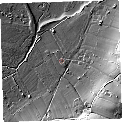 Shaded relief map of the ground around EX391NL, computed from Environment Agency LiDAR. The ground here sits at about 9 m above sea level and falls 37 m across the surrounding 800 m. Surface water reaching this point runs off ground lying to the south-east, 2.0 m higher.