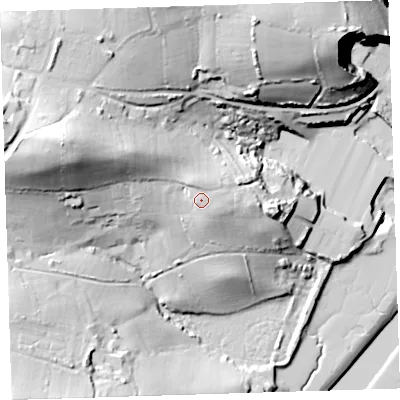 Shaded relief map of the ground around EX391NU, computed from Environment Agency LiDAR. The ground here sits at about 27 m above sea level and falls 51 m across the surrounding 800 m. Surface water reaching this point runs off ground lying to the north-north-east, 2.6 m higher.