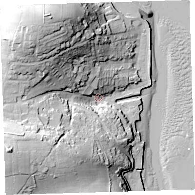 Shaded relief map of the ground around EX391PH, computed from Environment Agency LiDAR. The ground here sits at about 8 m above sea level and falls 64 m across the surrounding 800 m. Surface water reaching this point runs off ground lying to the south-west, 52.0 m higher.