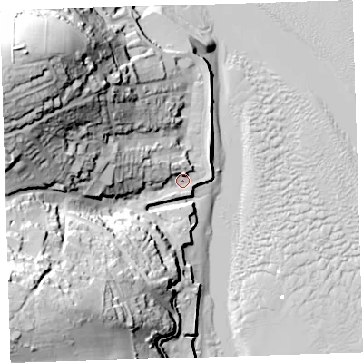 Shaded relief map of the ground around EX391PJ, computed from Environment Agency LiDAR. The ground here sits at about 6 m above sea level and falls 61 m across the surrounding 800 m. Surface water reaching this point runs off ground lying to the north-west, 50.8 m higher.