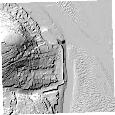 Shaded relief map of the ground around EX391PP, computed from Environment Agency LiDAR. The ground here sits at about 6 m above sea level and falls 61 m across the surrounding 800 m. Surface water reaching this point runs off ground lying to the west-north-west, 52.6 m higher.