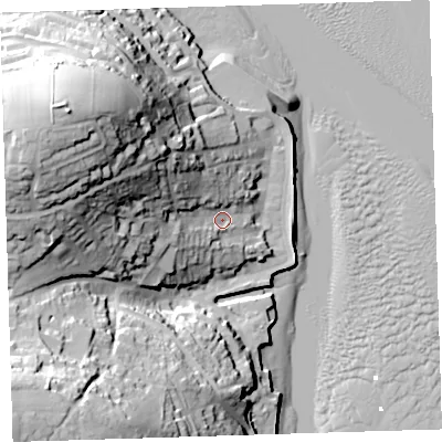 Shaded relief map of the ground around EX391PS, computed from Environment Agency LiDAR. The ground here sits at about 12 m above sea level and falls 61 m across the surrounding 800 m. Surface water reaching this point runs off ground lying to the west-north-west, 45.6 m higher.