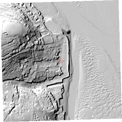 Shaded relief map of the ground around EX391PW, computed from Environment Agency LiDAR. The ground here sits at about 6 m above sea level and falls 61 m across the surrounding 800 m. Surface water reaching this point runs off ground lying to the west-north-west, 52.6 m higher.