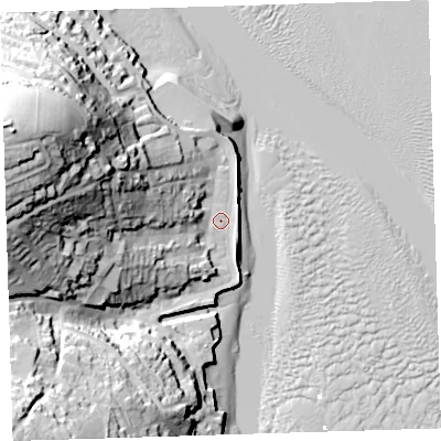 Shaded relief map of the ground around EX391QS, computed from Environment Agency LiDAR. The ground here sits at about 5 m above sea level and falls 61 m across the surrounding 800 m. Surface water reaching this point runs off ground lying to the west-north-west, 52.8 m higher.