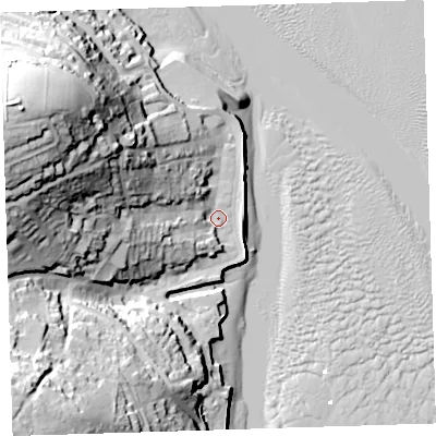 Shaded relief map of the ground around EX391QW, computed from Environment Agency LiDAR. The ground here sits at about 6 m above sea level and falls 61 m across the surrounding 800 m. Surface water reaching this point runs off ground lying to the west-north-west, 52.6 m higher.