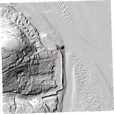 Shaded relief map of the ground around EX391RH, computed from Environment Agency LiDAR. The ground here sits at about 6 m above sea level and falls 61 m across the surrounding 800 m. Surface water reaching this point runs off ground lying to the west, 52.8 m higher.