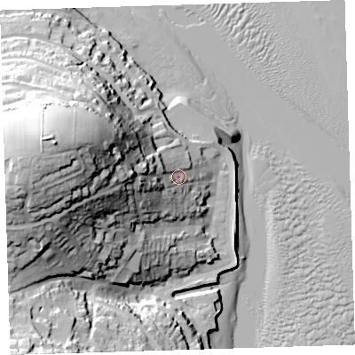 Shaded relief map of the ground around EX391RJ, computed from Environment Agency LiDAR. The ground here sits at about 16 m above sea level and falls 61 m across the surrounding 800 m. Surface water reaching this point runs off ground lying to the west-north-west, 42.4 m higher.