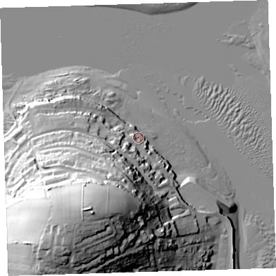 Shaded relief map of the ground around EX391RR, computed from Environment Agency LiDAR. The ground here sits at about 6 m above sea level and falls 61 m across the surrounding 800 m. Surface water reaching this point runs off ground lying to the south-south-west, 53.4 m higher.