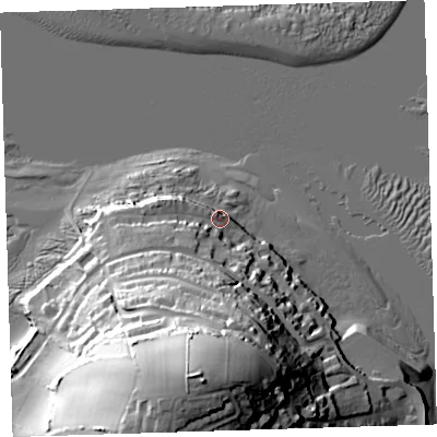 Shaded relief map of the ground around EX391RX, computed from Environment Agency LiDAR. The ground here sits at about 8 m above sea level and falls 61 m across the surrounding 800 m. Surface water reaching this point runs off ground lying to the south-south-west, 21.5 m higher.