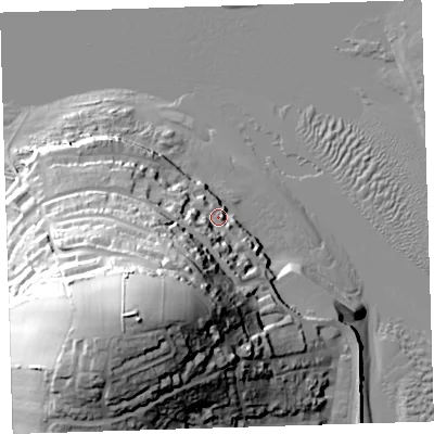 Shaded relief map of the ground around EX391RY, computed from Environment Agency LiDAR. The ground here sits at about 8 m above sea level and falls 61 m across the surrounding 800 m. Surface water reaching this point runs off ground lying to the south-west, 53.1 m higher.