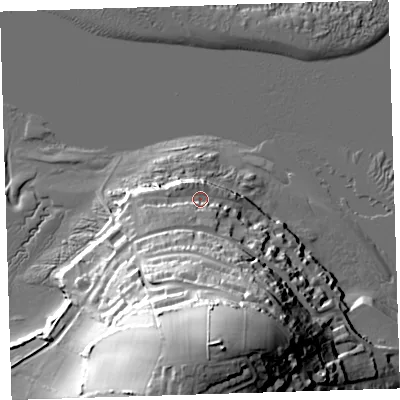 Shaded relief map of the ground around EX391RZ, computed from Environment Agency LiDAR. The ground here sits at about 9 m above sea level and falls 61 m across the surrounding 800 m. Surface water reaching this point runs off ground lying to the south, 6.6 m higher.