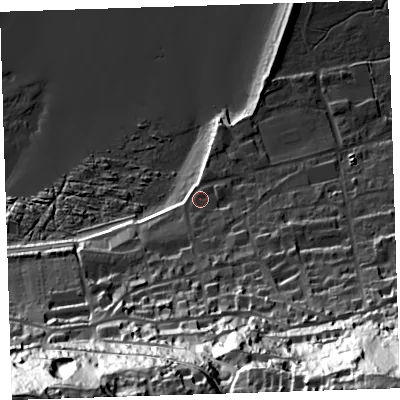 Shaded relief map of the ground around EX391SY, computed from Environment Agency LiDAR. The ground here sits at about 10 m above sea level and falls 92 m across the surrounding 800 m. Surface water reaching this point runs off ground lying to the south, 18.6 m higher.