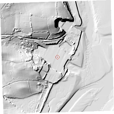 Shaded relief map of the ground around EX391UZ, computed from Environment Agency LiDAR. The ground here sits at about 6 m above sea level and falls 49 m across the surrounding 800 m. Surface water reaching this point runs off ground lying to the north-west, 41.5 m higher.
