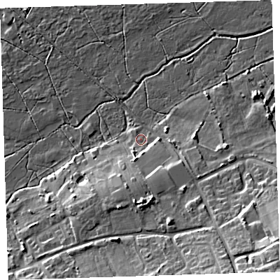 Shaded relief map of the ground around EX391XY, computed from Environment Agency LiDAR. The ground here sits at about 6 m above sea level and falls 17 m across the surrounding 800 m. Surface water reaching this point runs off ground lying to the south, 7.3 m higher.