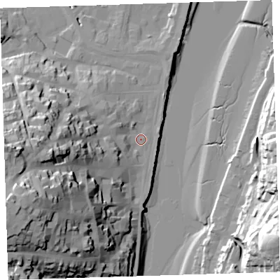 Shaded relief map of the ground around EX392AF, computed from Environment Agency LiDAR. The ground here sits at about 5 m above sea level and falls 51 m across the surrounding 800 m. Surface water reaching this point runs off ground lying to the west-south-west, 44.2 m higher.