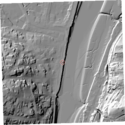 Shaded relief map of the ground around EX392AG, computed from Environment Agency LiDAR. The ground here sits at about 6 m above sea level and falls 51 m across the surrounding 800 m. Surface water reaching this point runs off ground lying to the west-south-west, 43.0 m higher.