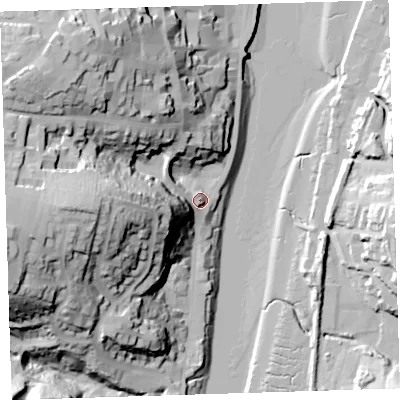 Shaded relief map of the ground around EX392BB, computed from Environment Agency LiDAR. The ground here sits at about 10 m above sea level and falls 57 m across the surrounding 800 m. Surface water reaching this point runs off ground lying to the west-south-west, 27.0 m higher.
