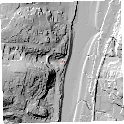 Shaded relief map of the ground around EX392BD, computed from Environment Agency LiDAR. The ground here sits at about 5 m above sea level and falls 54 m across the surrounding 800 m. Surface water reaching this point runs off ground lying to the west-south-west, 48.0 m higher.