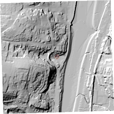 Shaded relief map of the ground around EX392BG, computed from Environment Agency LiDAR. The ground here sits at about 7 m above sea level and falls 57 m across the surrounding 800 m. Surface water reaching this point runs off ground lying to the west-south-west, 50.2 m higher.