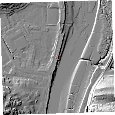 Shaded relief map of the ground around EX392BX, computed from Environment Agency LiDAR. The ground here sits at about 6 m above sea level and falls 37 m across the surrounding 800 m. Surface water reaching this point runs off ground lying to the north-north-east, 0.9 m higher.
