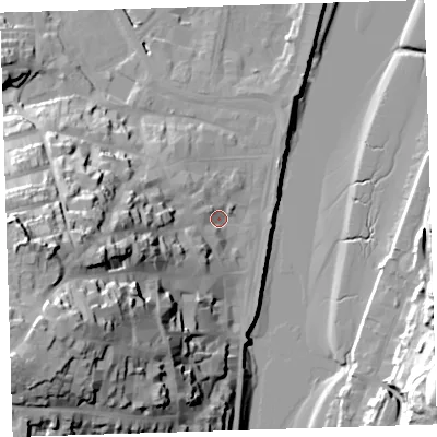 Shaded relief map of the ground around EX392DA, computed from Environment Agency LiDAR. The ground here sits at about 7 m above sea level and falls 51 m across the surrounding 800 m. Surface water reaching this point runs off ground lying to the west-south-west, 31.9 m higher.