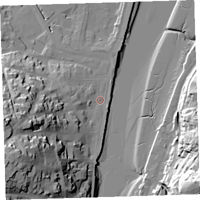 Shaded relief map of the ground around EX392EB, computed from Environment Agency LiDAR. The ground here sits at about 5 m above sea level and falls 51 m across the surrounding 800 m. Surface water reaching this point runs off ground lying to the west-south-west, 43.7 m higher.