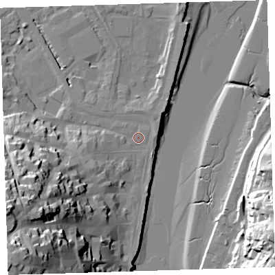 Shaded relief map of the ground around EX392EX, computed from Environment Agency LiDAR. The ground here sits at about 5 m above sea level and falls 50 m across the surrounding 800 m. Surface water reaching this point runs off ground lying to the south-west, 43.7 m higher.