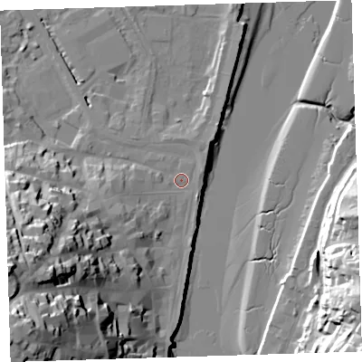 Shaded relief map of the ground around EX392EY, computed from Environment Agency LiDAR. The ground here sits at about 5 m above sea level and falls 50 m across the surrounding 800 m. Surface water reaching this point runs off ground lying to the south-west, 43.6 m higher.